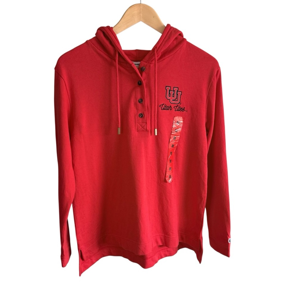 Champion Utah Utes Baseball Women Red Hooded Henley Button Sweatshirt Medium NWT